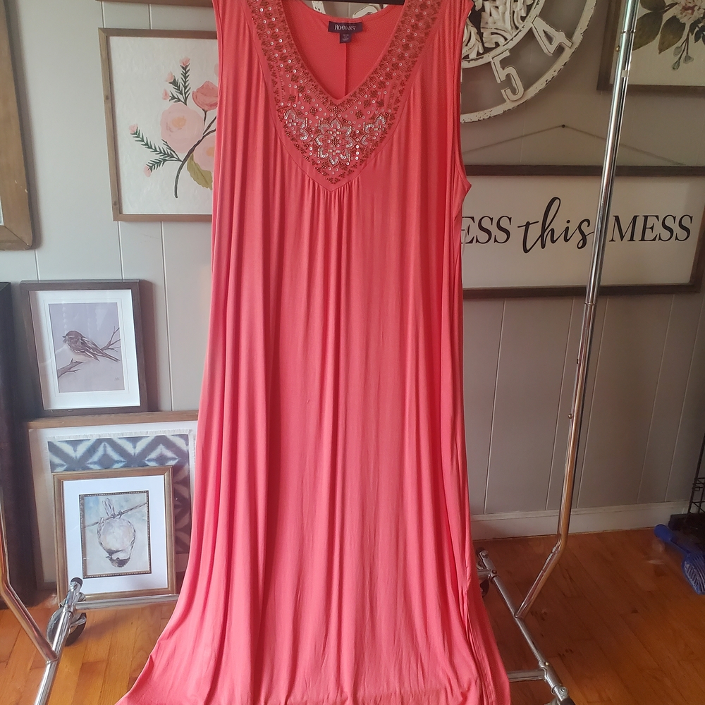 Roaman's Coral Maxi Dress with Embellished Neckline